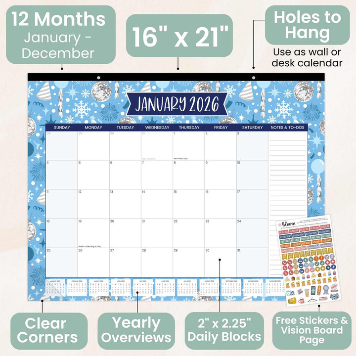 2026 Desk & Wall Calendar, 16" x 21", Holiday Icons