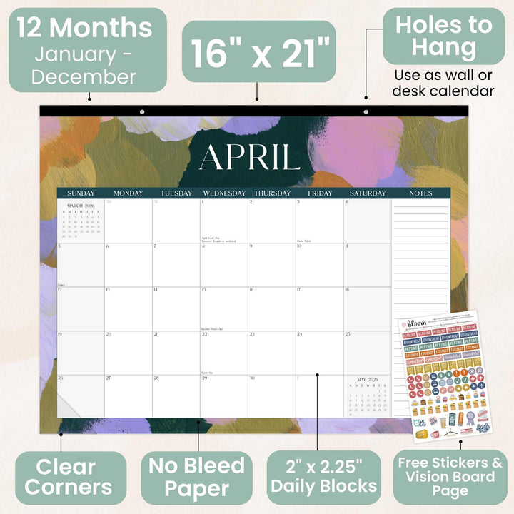 2026 Desk & Wall Calendar, 16" x 21", Paint Strokes