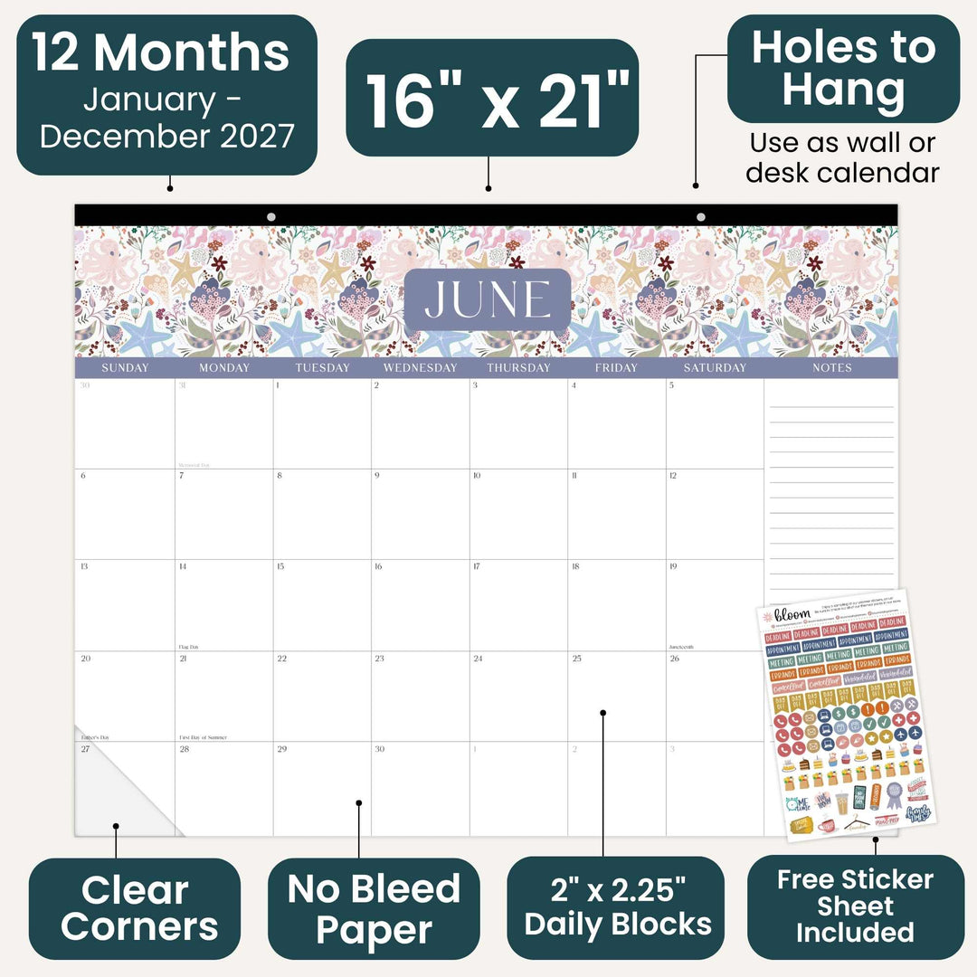Wall calendar with floral design and June page, featuring text on dimensions and features.