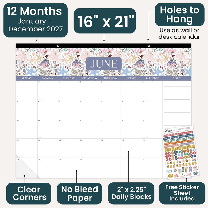 Wall calendar with floral design and June page, featuring text on dimensions and features.
