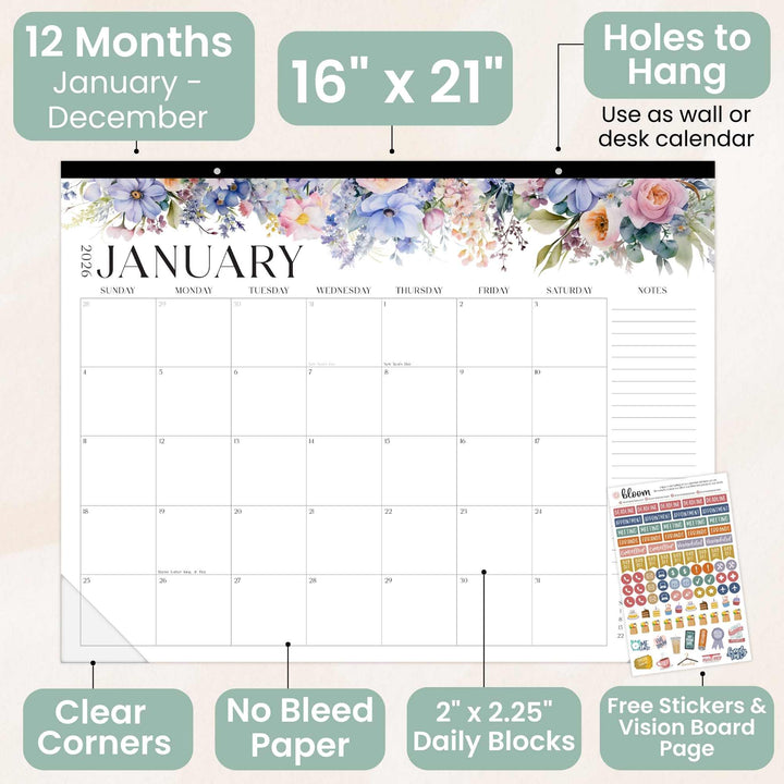 2026 Desk & Wall Calendar, 16" x 21", Seasonal Florals