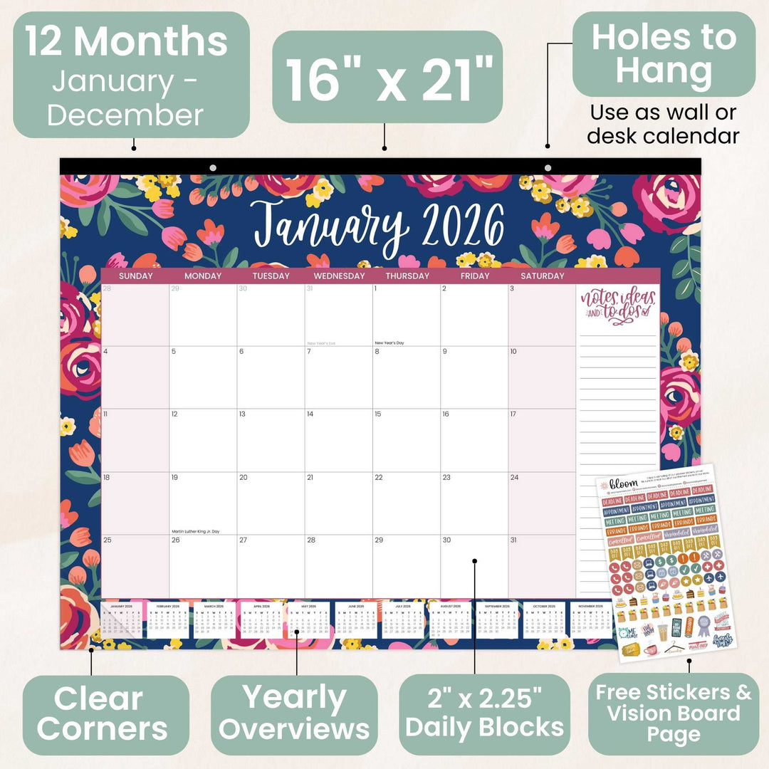 2026 Desk & Wall Calendar, 16" x 21", Vintage Floral