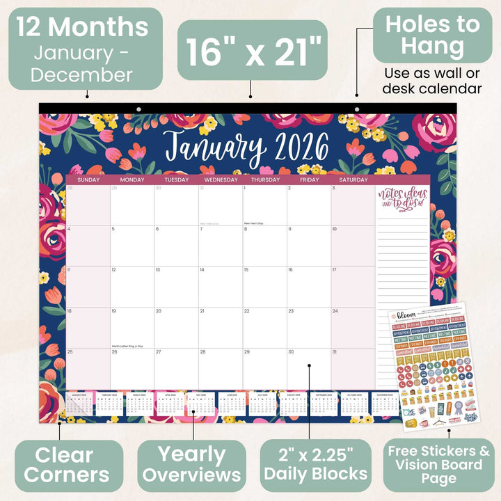 2026 Desk & Wall Calendar, 16" x 21", Vintage Floral
