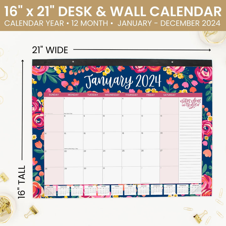 2024 Desk & Wall Calendar, 16" x 21", Vintage Floral