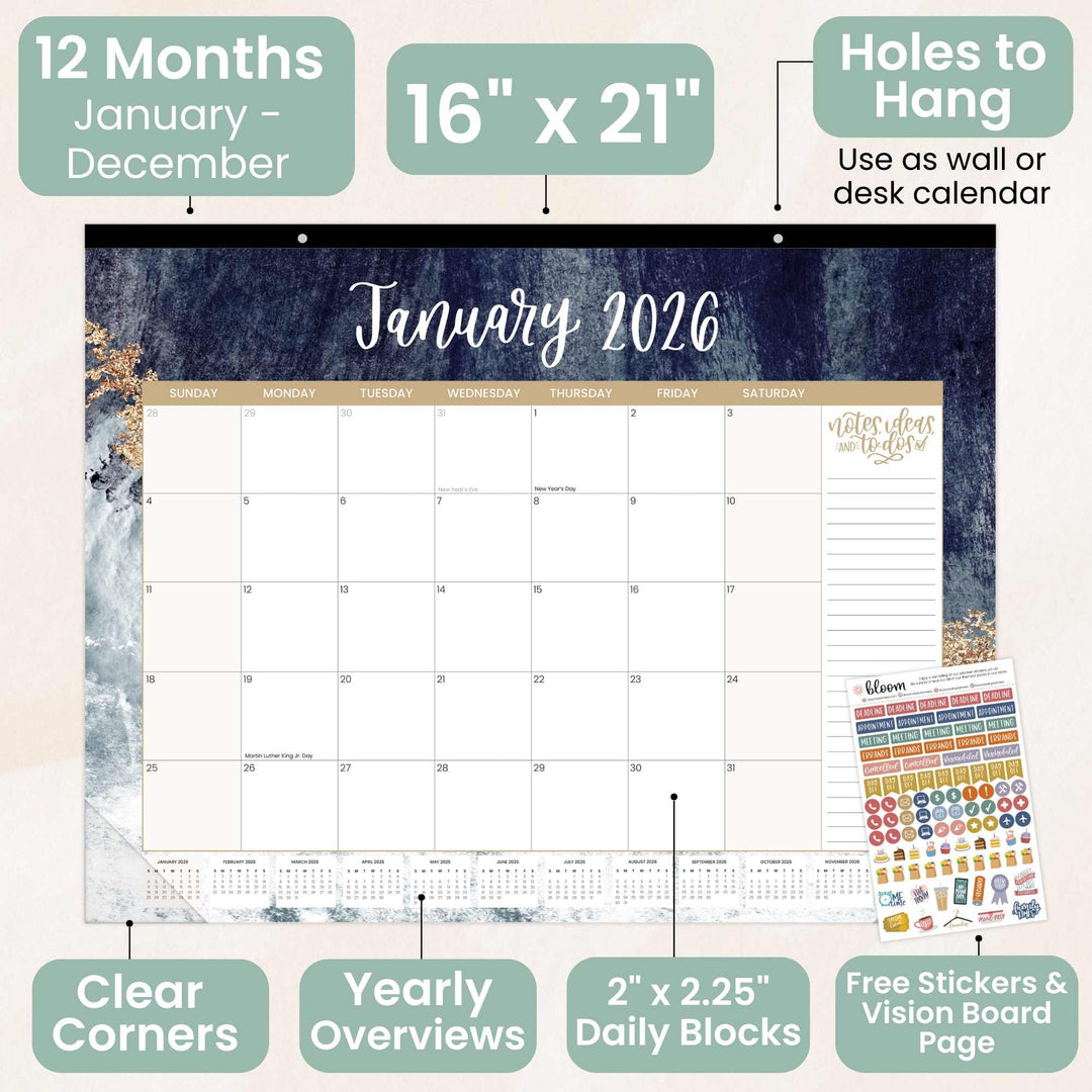 2026 Desk & Wall Calendar, 16" x 21", Watercolor