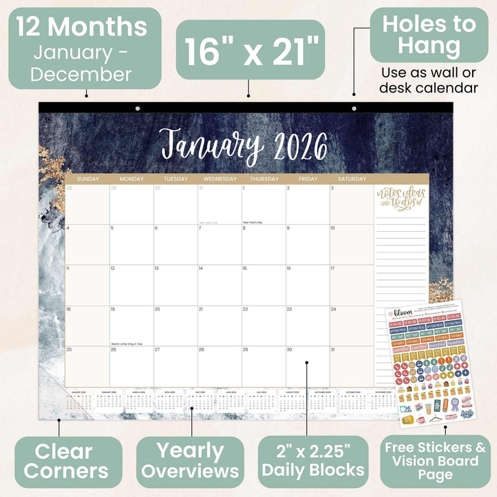 2026 Desk & Wall Calendar, 16" x 21", Watercolor