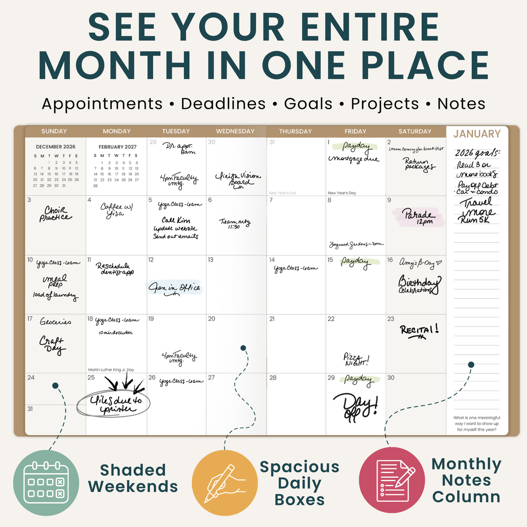 Large wall calendar with handwritten notes for appointments and events, featuring shaded weekends, spacious daily boxes, and a monthly notes column.