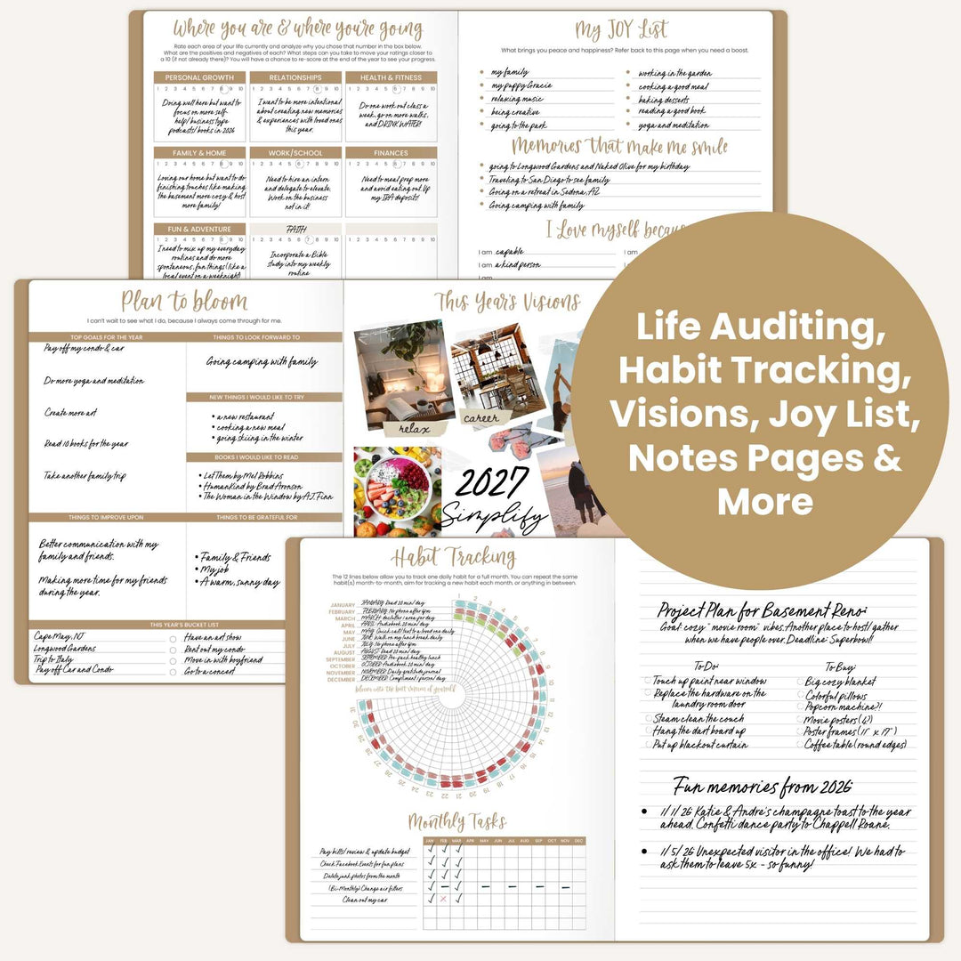 Collection of life auditing and habit tracking pages with a focus on personal growth and planning.