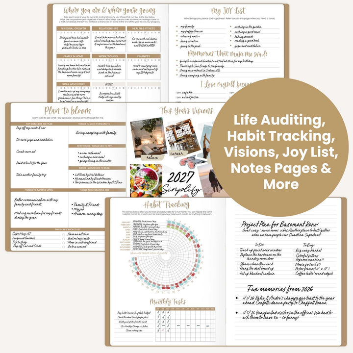 Collection of life auditing and habit tracking pages with a focus on personal growth and planning.