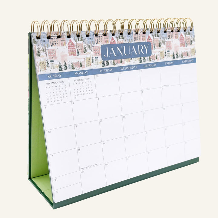 2027 bloom daily planners Standing Desk Calendar with painterly floral cover and gold wire binding.