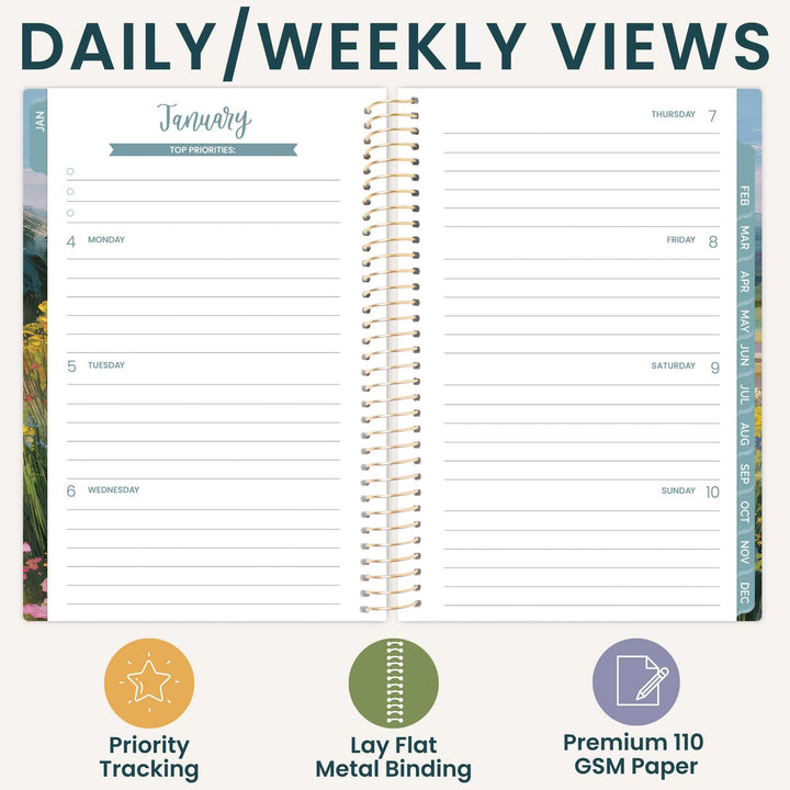 Spiral-bound planner with daily/weekly views for January, featuring priority tracking, lay flat metal binding, and premium paper.