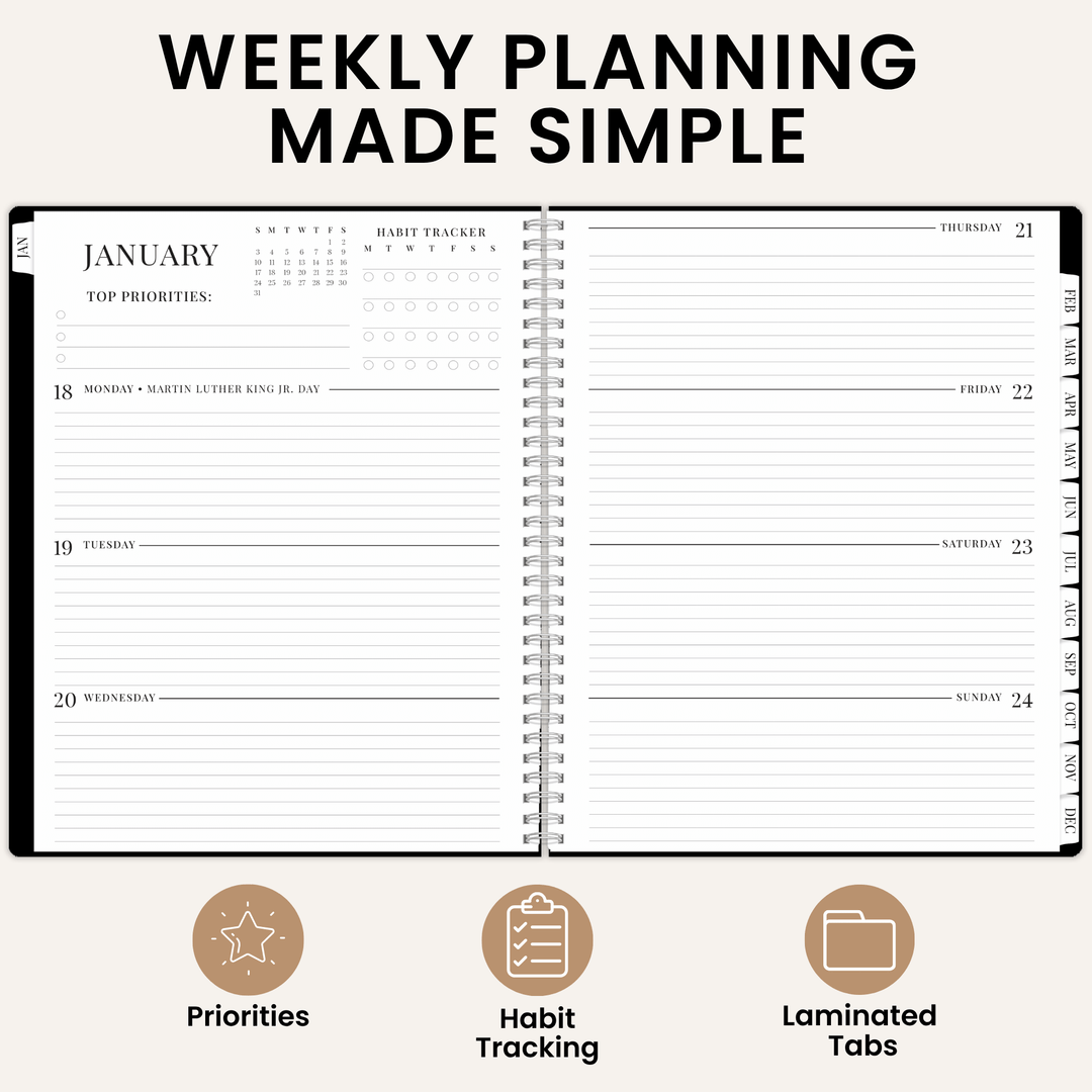 An open weekly planner spread on a light beige background with the headline 'WEEKLY PLANNING MADE SIMPLE' at the top and three feature icons below labeled Priorities, Habit Tracking, and Laminated Tabs.