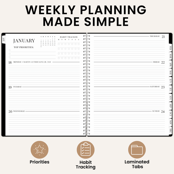 An open weekly planner spread on a light beige background with the headline 'WEEKLY PLANNING MADE SIMPLE' at the top and three feature icons below labeled Priorities, Habit Tracking, and Laminated Tabs.