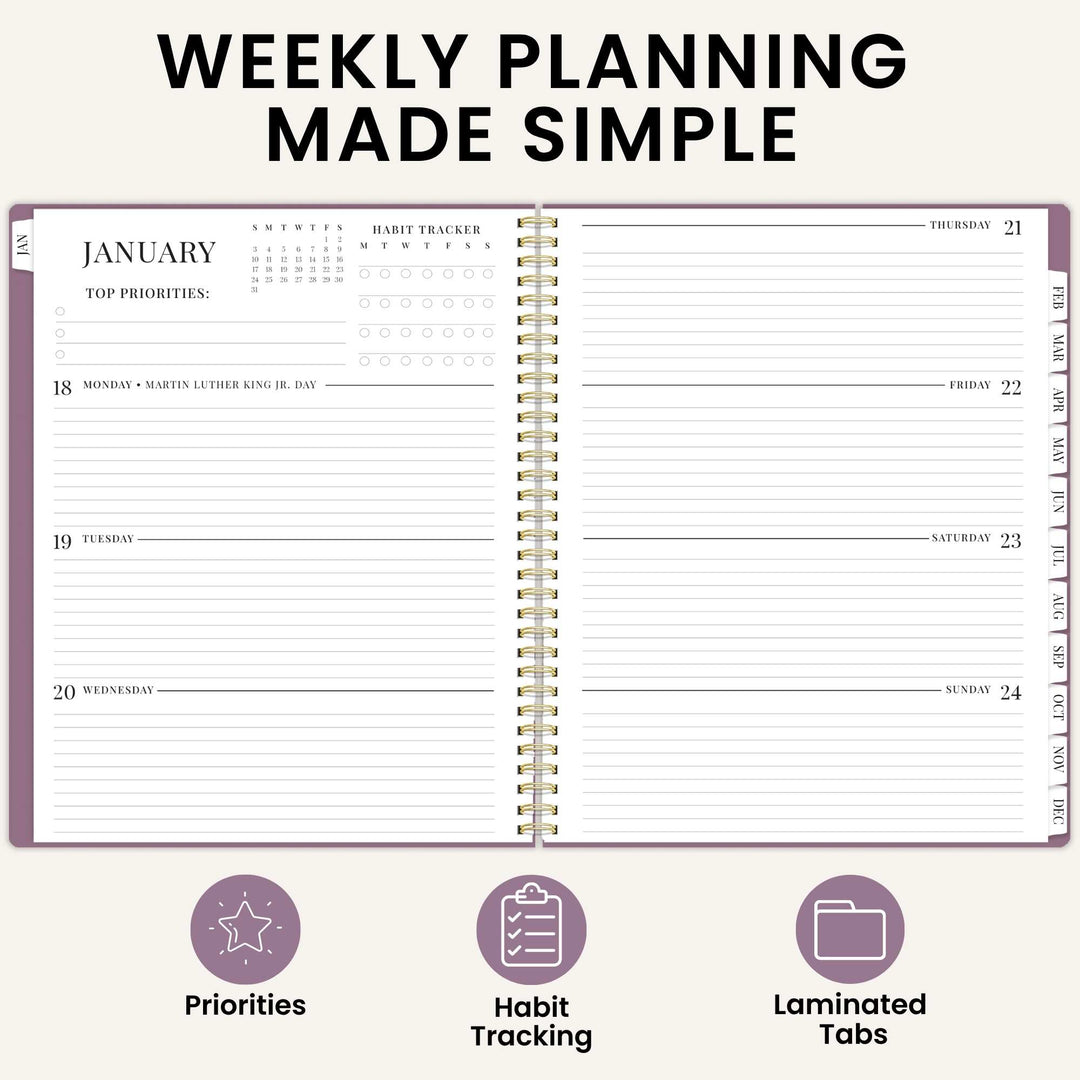 Purple 8.5 x 11 weekly planning planner with open pages and spiral binding