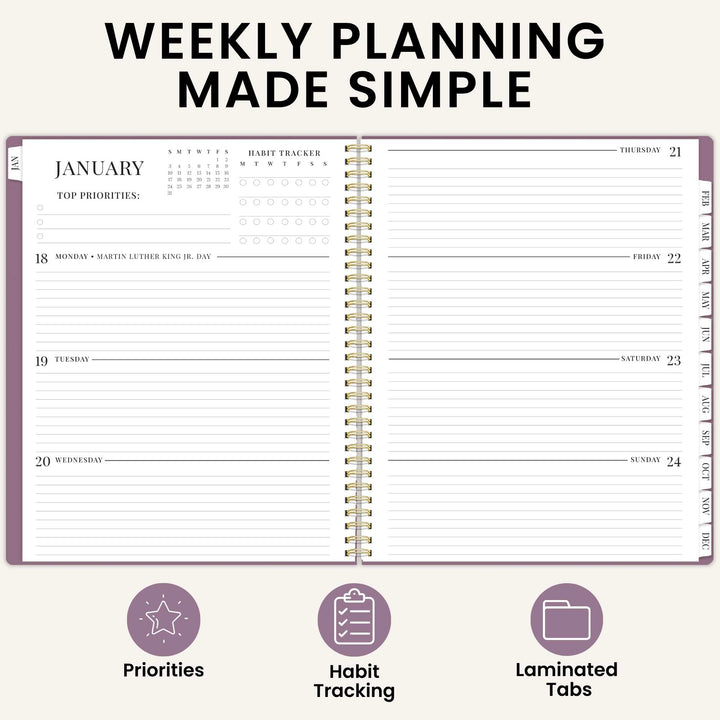 Purple 8.5 x 11 weekly planning planner with open pages and spiral binding