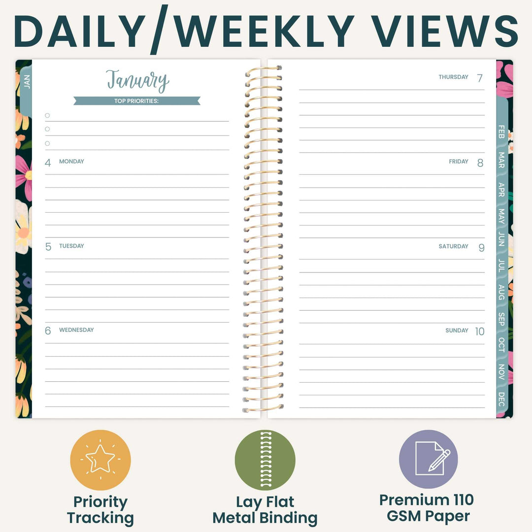 An open spiral-bound planner shown on a light beige background with the headline 'DAILY/WEEKLY VIEWS' at the top. The planner page displays a January daily/weekly view layout with lined sections for Monday through Sunday, a date header, and floral-patterned page edges.