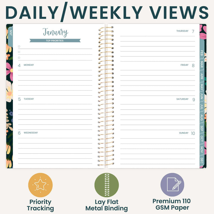 An open spiral-bound planner shown on a light beige background with the headline 'DAILY/WEEKLY VIEWS' at the top. The planner page displays a January daily/weekly view layout with lined sections for Monday through Sunday, a date header, and floral-patterned page edges.