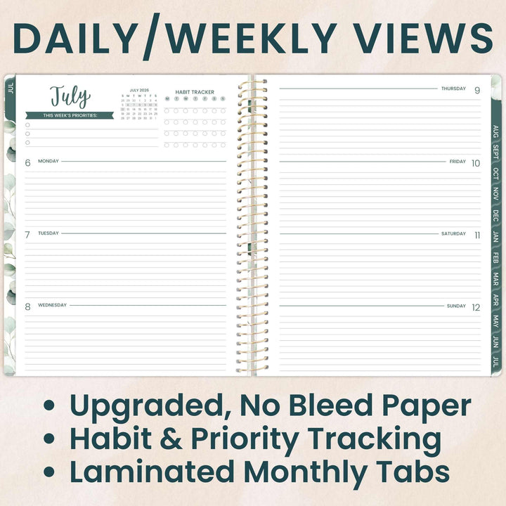 Open planner showing daily and weekly views with text highlighting features.