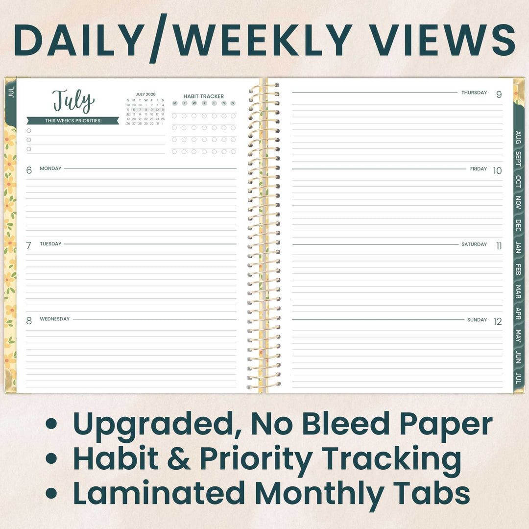 Two pages of a planner showing daily and weekly views with text highlighting features.