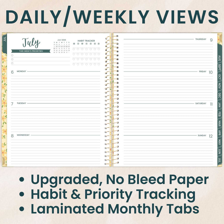 Two pages of a planner showing daily and weekly views with text highlighting features.