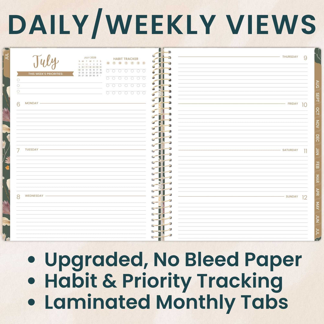 Open planner showing daily and weekly views with text highlighting features.