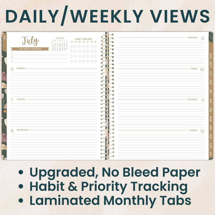 Open planner showing daily and weekly views with text highlighting features.