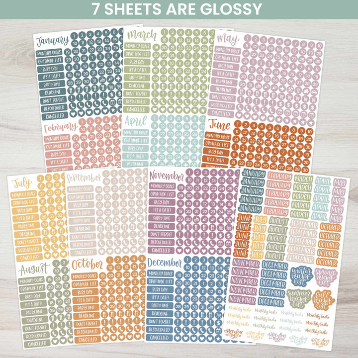 Planner Stickers, Calendar Essentials Pack, Retro Rainbow
