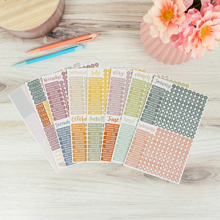 Planner Stickers, Calendar Essentials Pack, Retro Rainbow