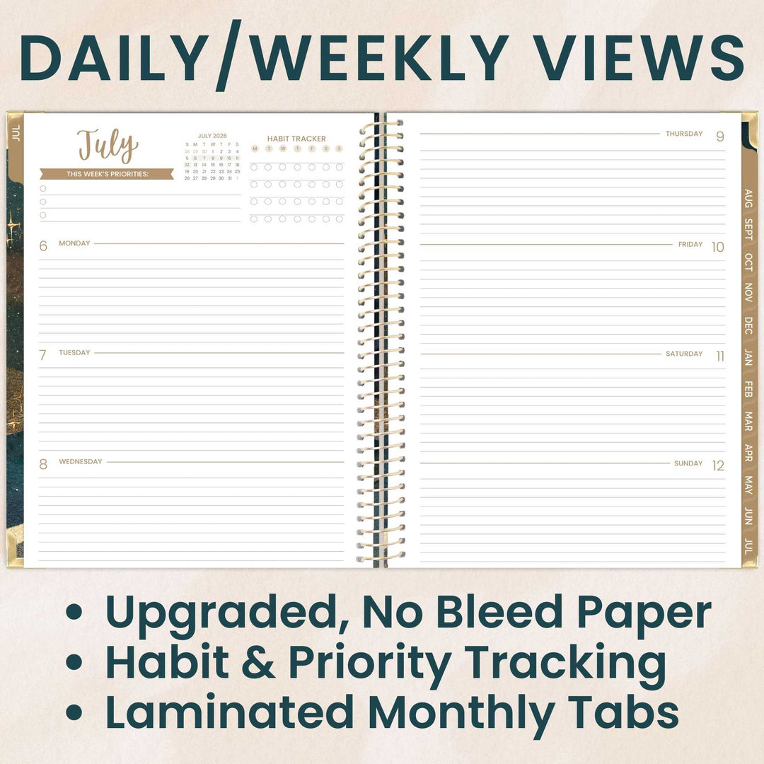 Two pages of a planner showing daily and weekly views with text highlighting features.