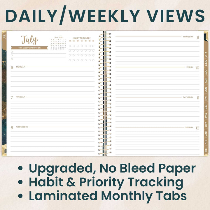 Two pages of a planner showing daily and weekly views with text highlighting features.
