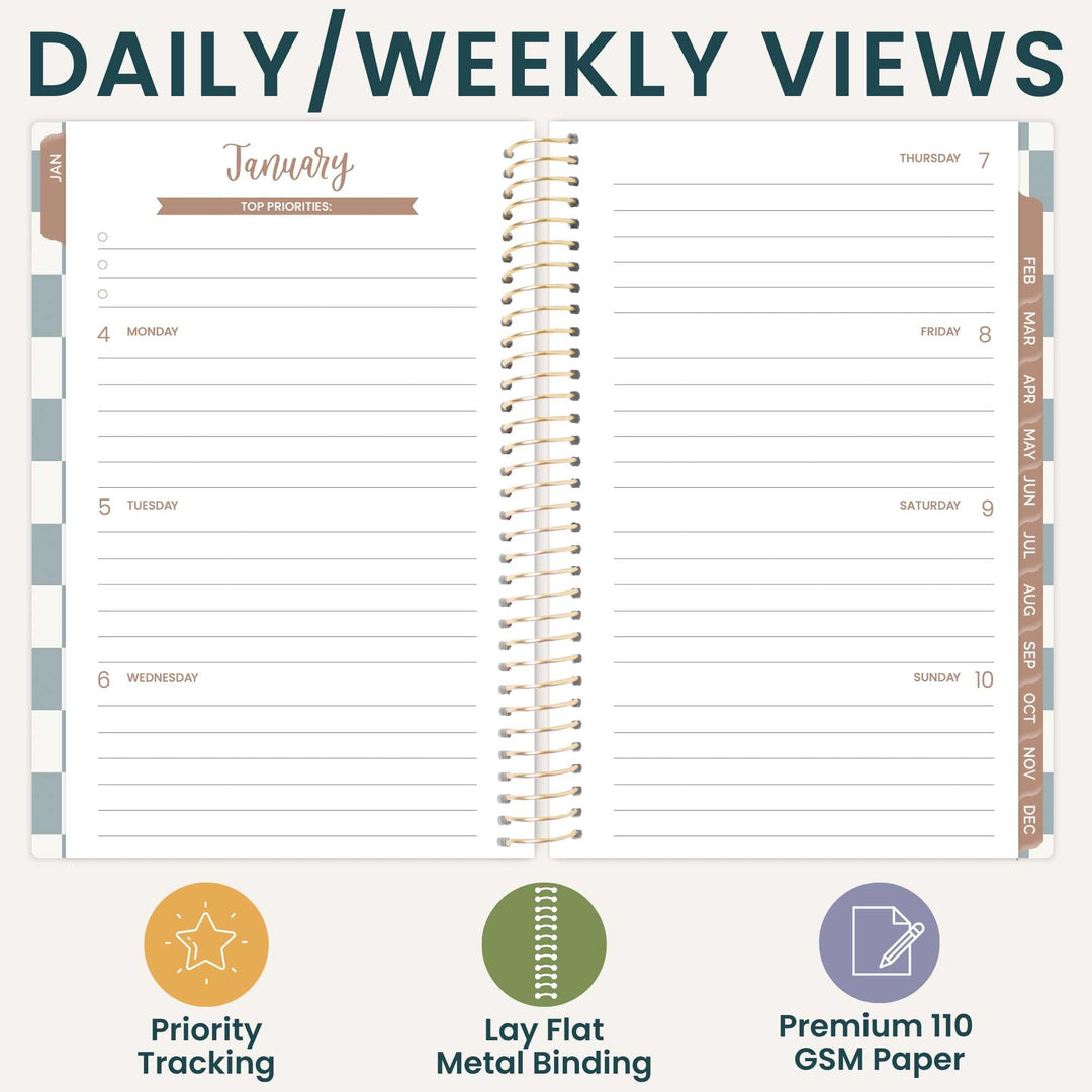 An open spiral-bound planner showing a January daily/weekly views layout with lined pages, labeled tabs, and feature icons below on a light beige background.