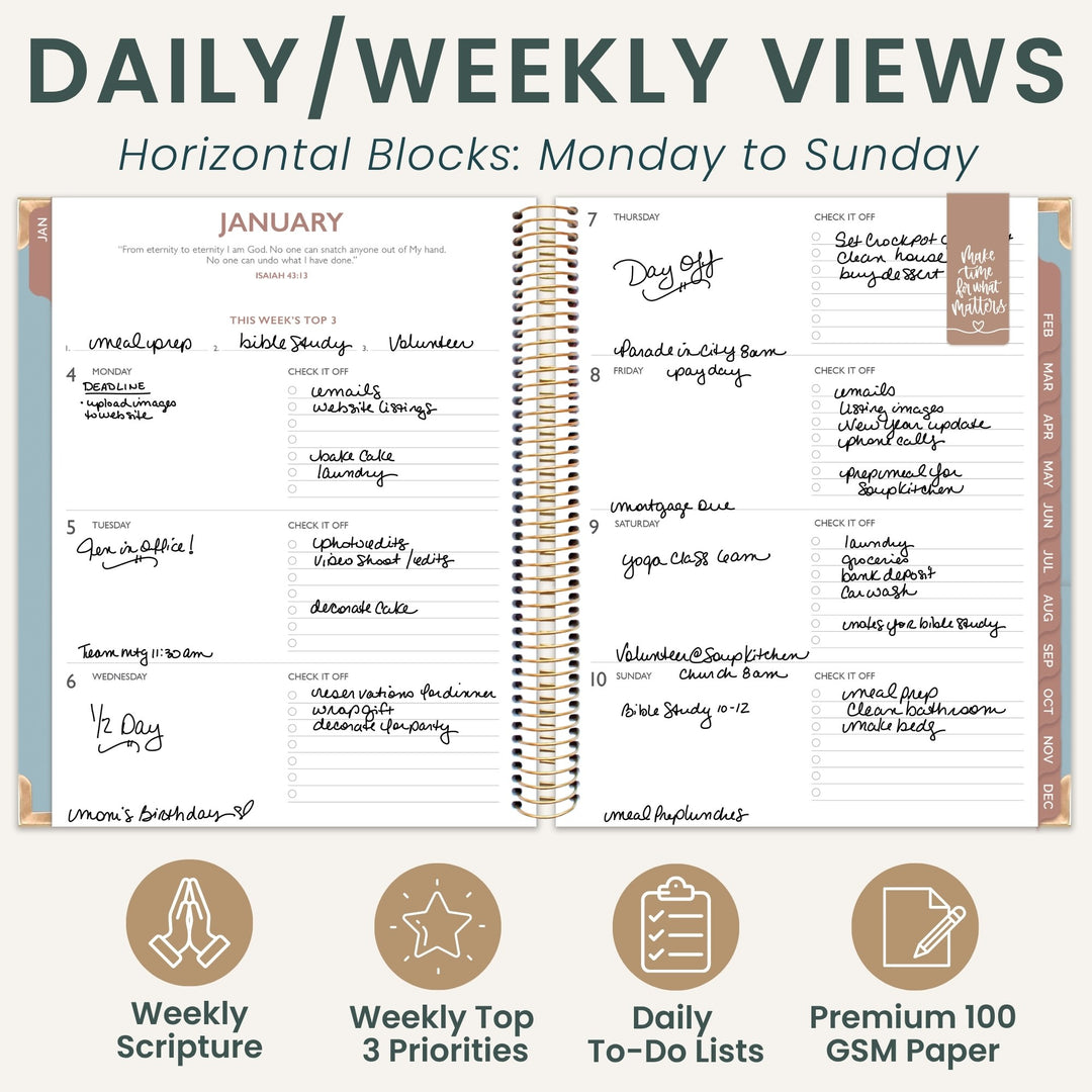 An open spiral-bound planner shown on a light beige background with the headline 'DAILY/WEEKLY VIEWS' and 'Horizontal Blocks: Monday to Sunday.' The planner pages display a weekly layout with handwritten notes and labeled sections for daily and weekly planning.