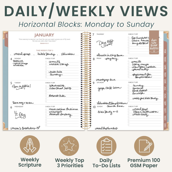 An open spiral-bound planner shown on a light beige background with the headline 'DAILY/WEEKLY VIEWS' and 'Horizontal Blocks: Monday to Sunday.' The planner pages display a weekly layout with handwritten notes and labeled sections for daily and weekly planning.