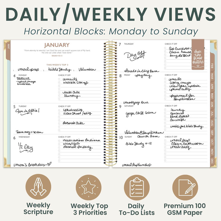 An open spiral-bound planner shown on a light beige background with large text reading 'DAILY/WEEKLY VIEWS' and smaller text 'Horizontal Blocks: Monday to Sunday.' The planner pages display a weekly layout with handwritten notes and boxes, plus feature icons and text below: 'Weekly Scripture,' 'Weekly Top 3 Priorities,' 'Daily To-Do Lists,' and 'Premium 100 GSM Paper.