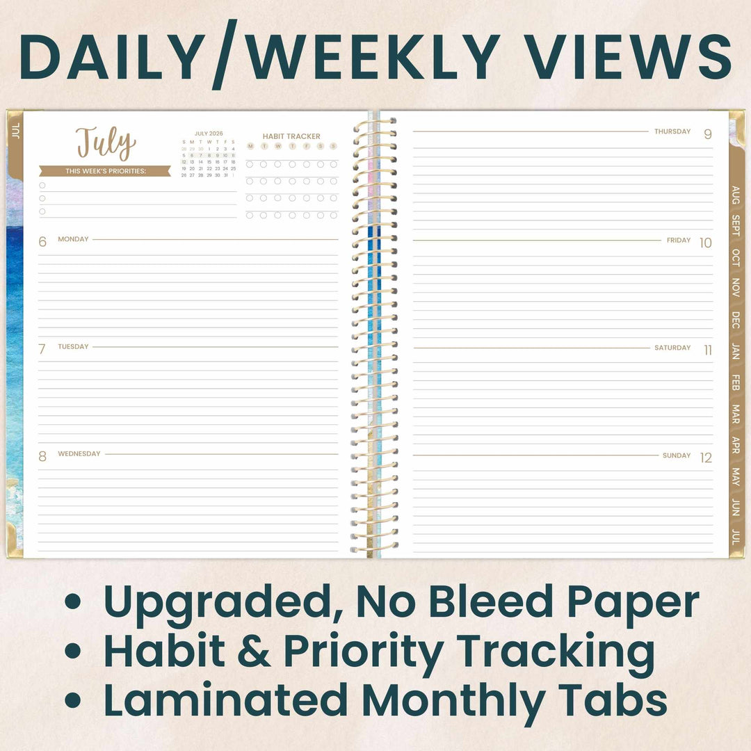 Planner with daily and weekly views, habit and priority tracking features, on a beige background.