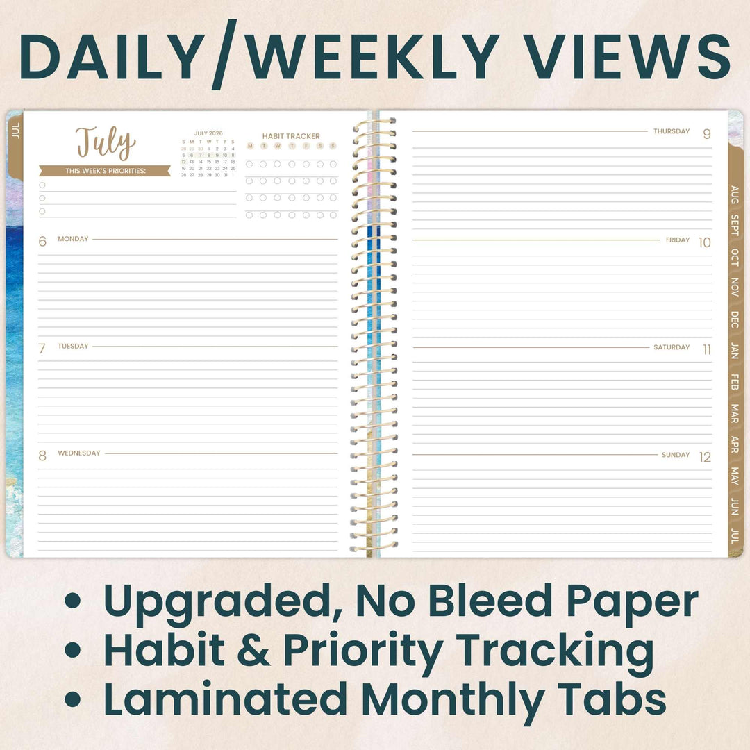 Spiral-bound planner with daily and weekly views, habit tracker, and priority tracking features.
