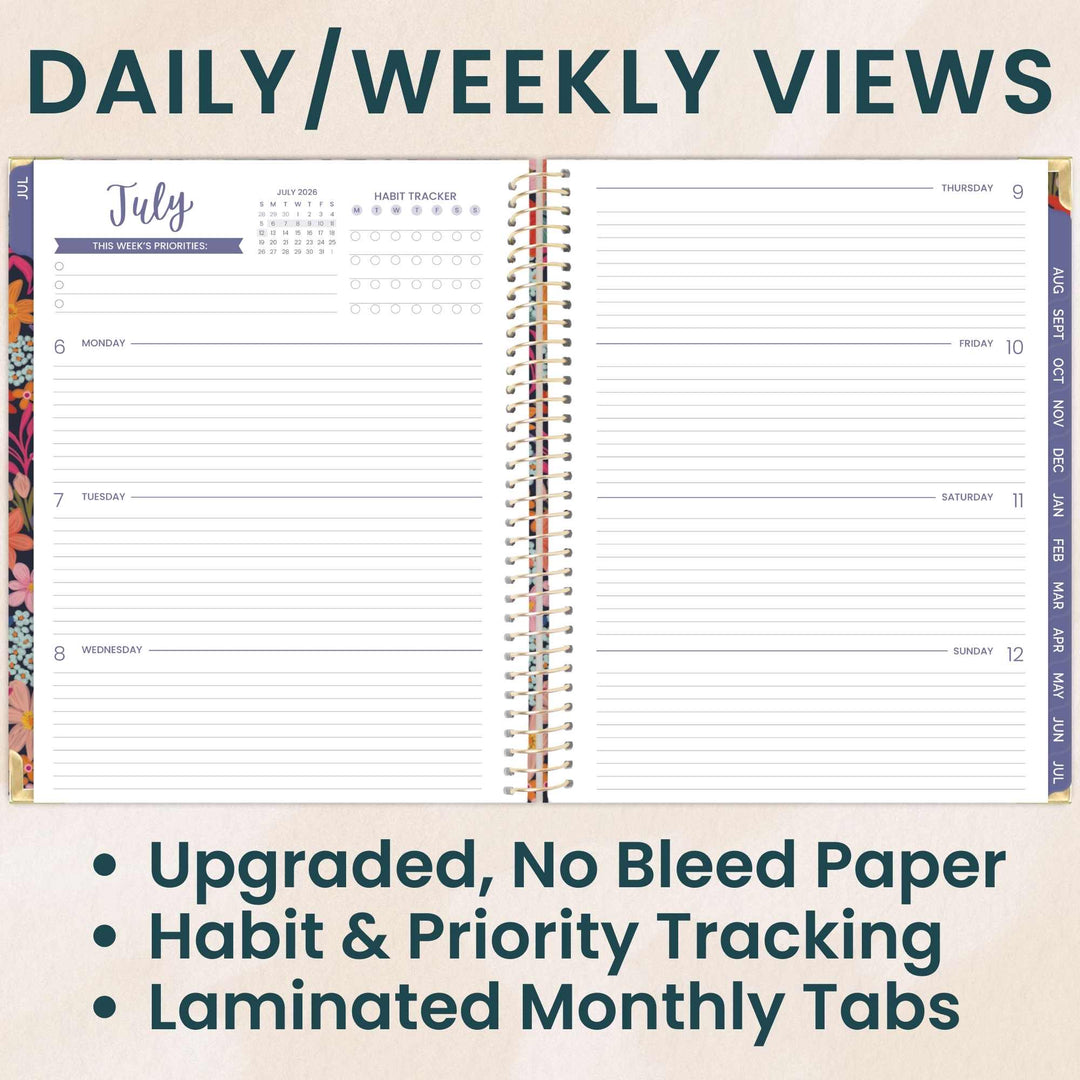 Two pages of a planner showing daily and weekly views with text highlighting features.
