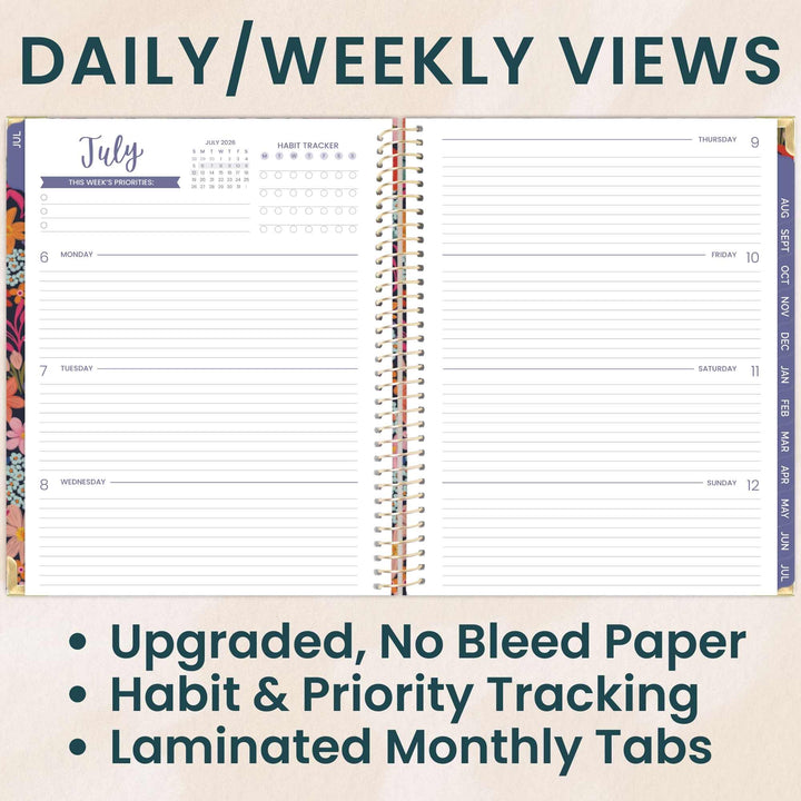 Two pages of a planner showing daily and weekly views with text highlighting features.