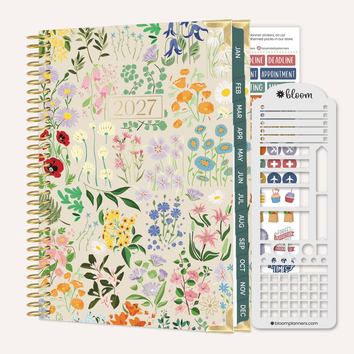 2027 spiral-bound hard cover planner, colorful floral garden print, 5.5 x 8.25 in