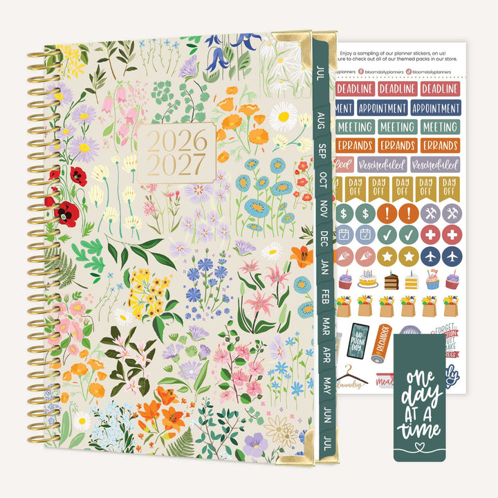 2026-2027 planner with floral design and additional stickers on a white background