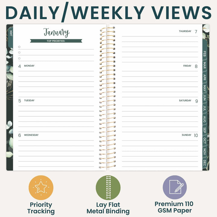 An open spiral-bound planner shown on a light beige background with marketing text reading 'DAILY/WEEKLY VIEWS' and feature icons below. The planner pages are white with dark teal headings and weekly columns, and the right spine edge includes a monthly tab strip.