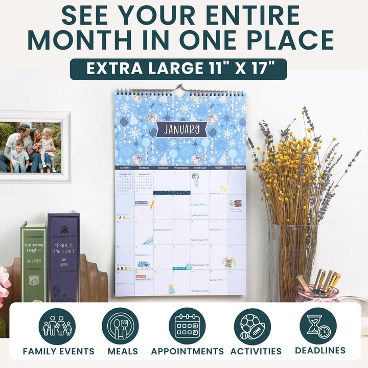 Extra large wall calendar with January layout, family photos, and decorative elements.