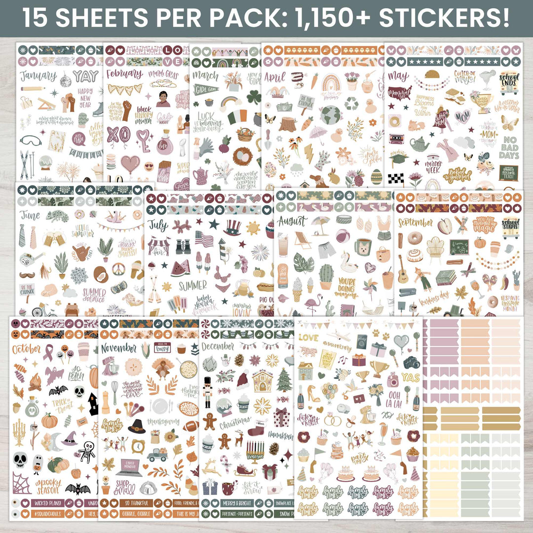 Planner Sticker Value Pack, Monthly Celebrations, Cool Tones