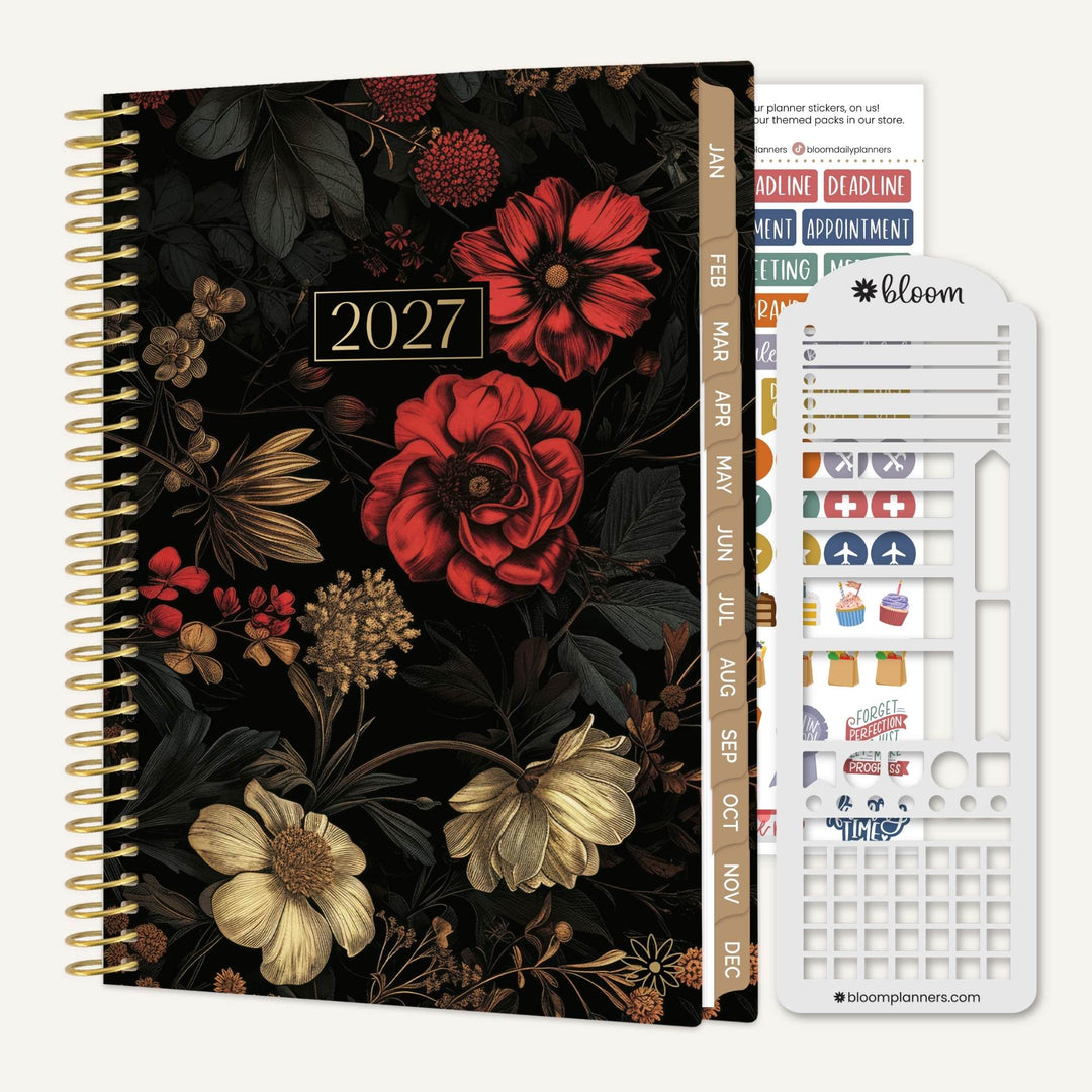 Dark and moody design of a 2027 5 x 8 planner. 