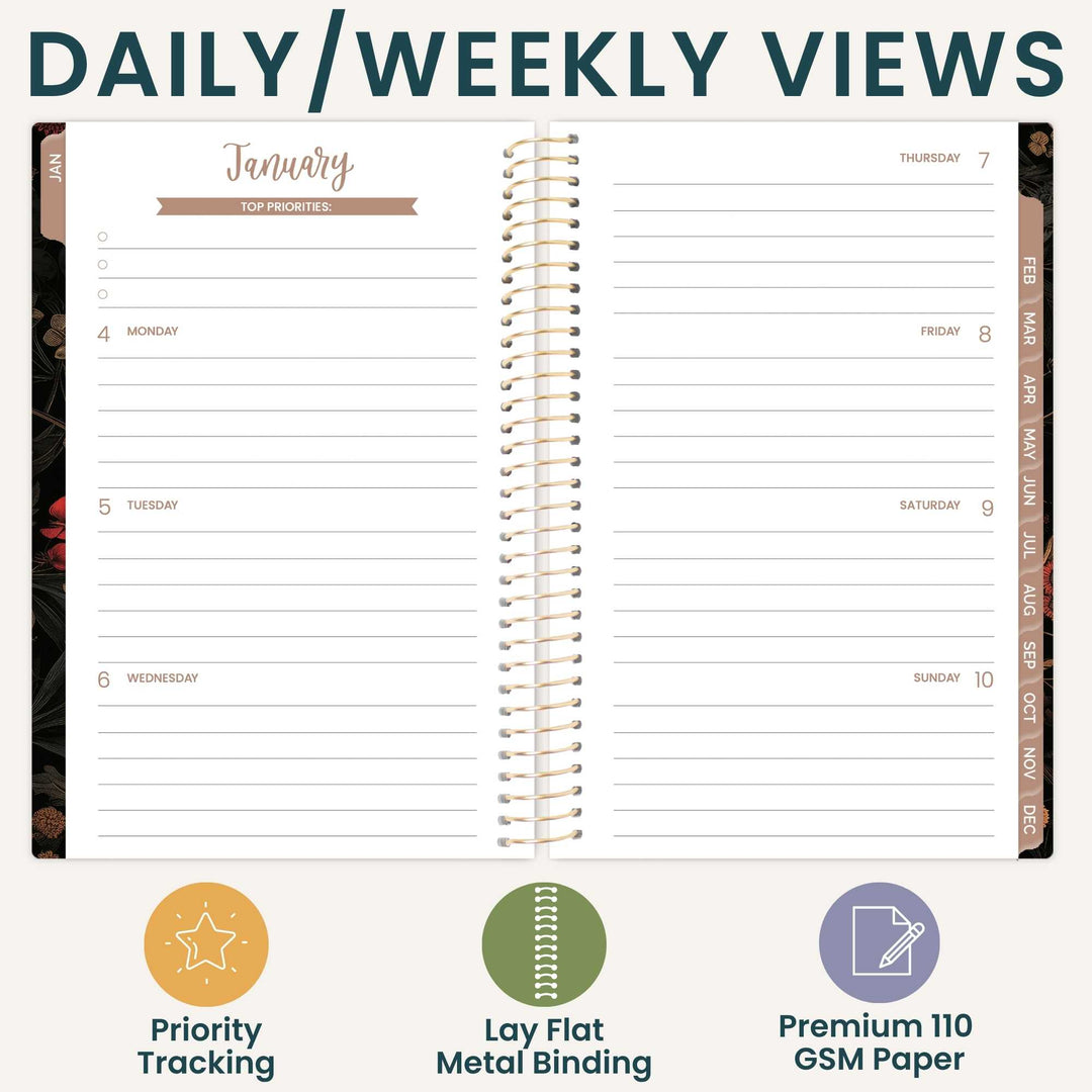 An open spiral-bound planner shown on a light beige background with the headline 'DAILY/WEEKLY VIEWS' at the top. The planner page displays a January weekly layout with lined sections for Monday through Sunday, a date header, and tabs along the right side.