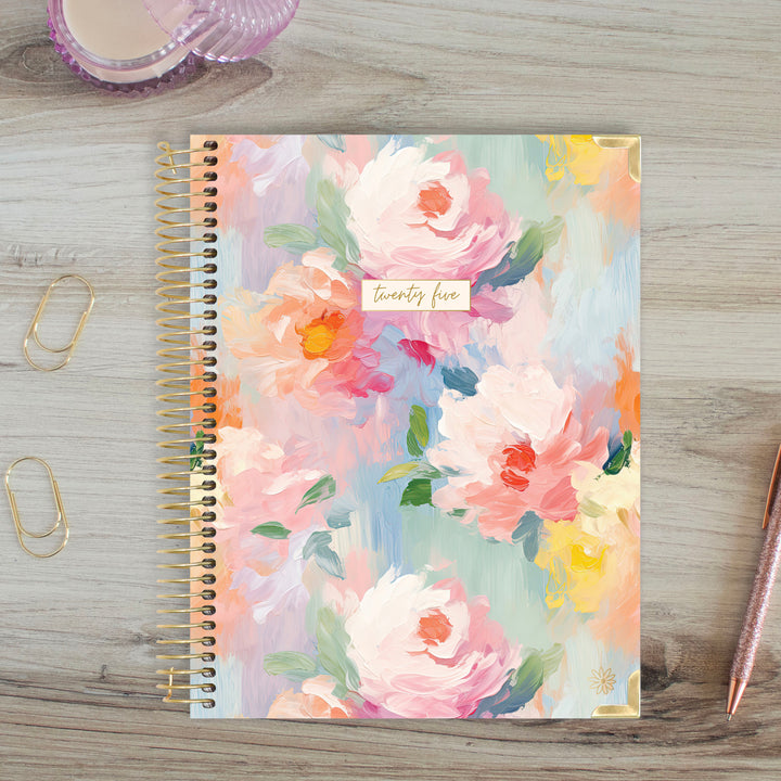 2025 Hard Cover Planner, 8.5" x 11", Painted Peonies