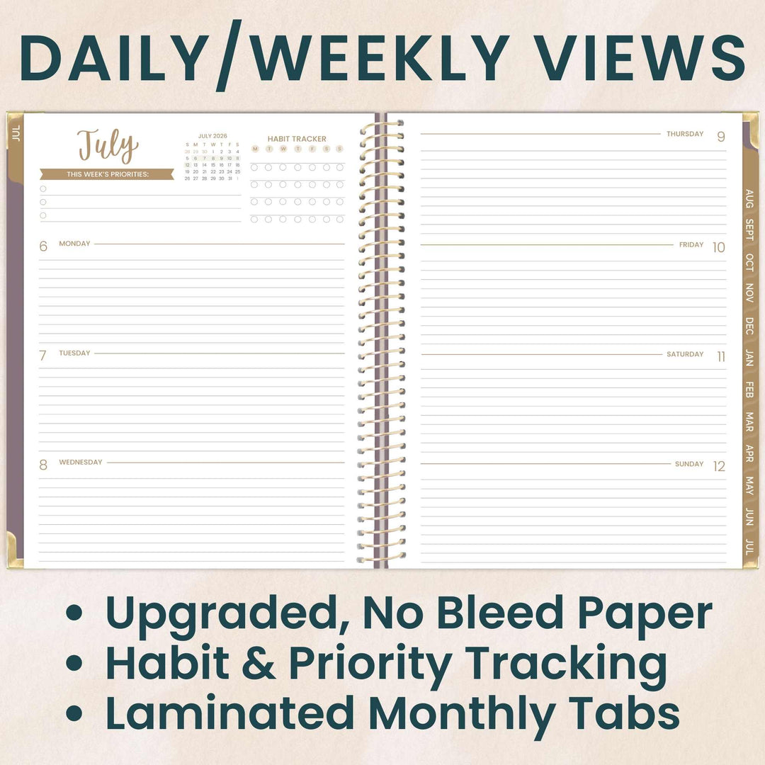 Two pages of a planner showing daily and weekly views with text highlighting features.