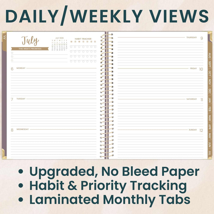 Two pages of a planner showing daily and weekly views with text highlighting features.
