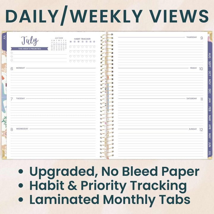 Open spiral-bound planner showing daily and weekly views with text highlighting features.