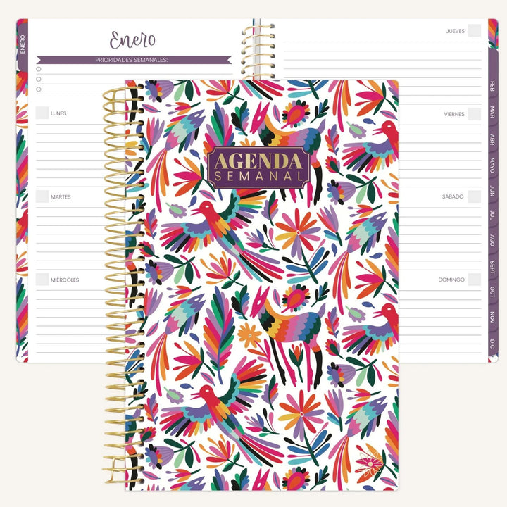 Weekly planner with colorful floral and bird design on a white background